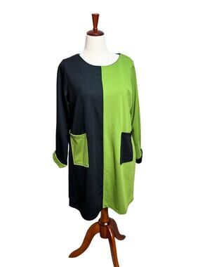 Huiermei tunic dress scoop neck long sleeve green black knit pockets Sz XXL
